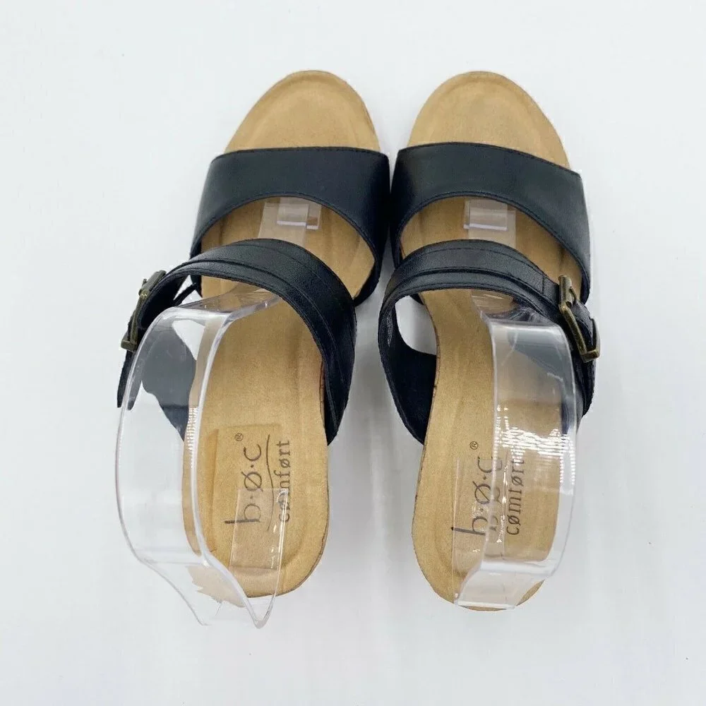 b.o.c. Comfort Black Double Strap Cork Wedges Buckle Slip-on Size 8M